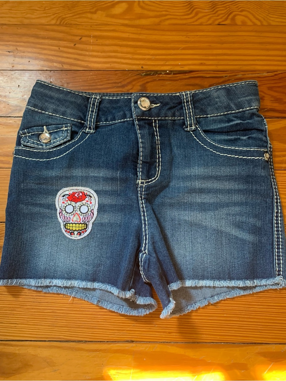 Xhilaration Dark Blue Denim Shorts with Sugar Skull Patch Girls Size 10/12 yrs.